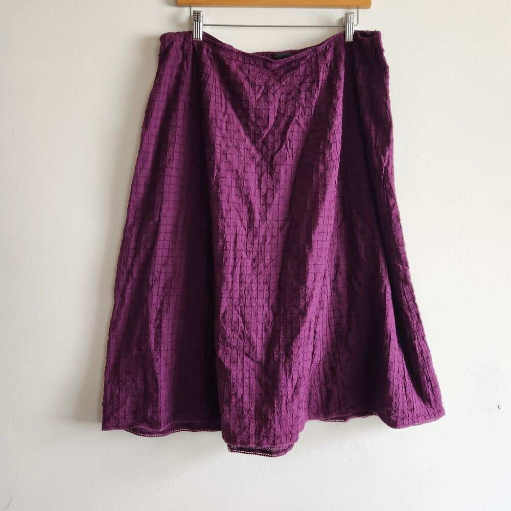 Eileen Fisher Purple Seersucker Crinkle Grid Cotton Midi Skirt Large old money